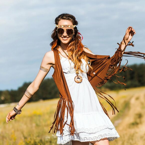 60s 70s Outfit for Women Hippy Accessories Fringe Hippie Vest Clothes for Hallow - Picture 2 of 7